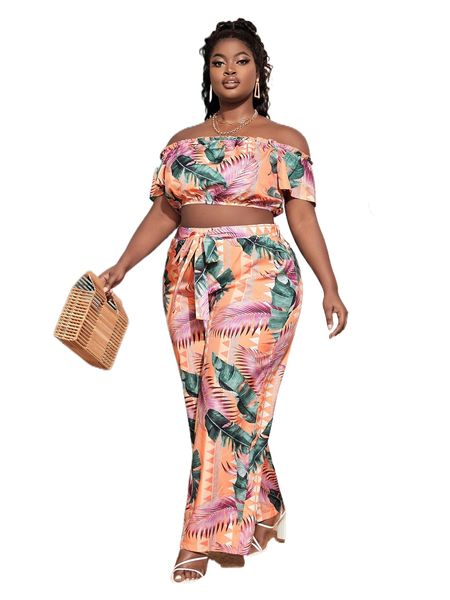 

sxy plus tropical print off shoulder crop & belted wide leg pants x6he#, Black