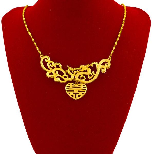 Collares colgantes Collar chapado en oro genuino de 24 quilates para mujeres Cadena de ondas de agua Dragón Phoenix Joyería de boda Declaración nupcial Regalos FemalePe