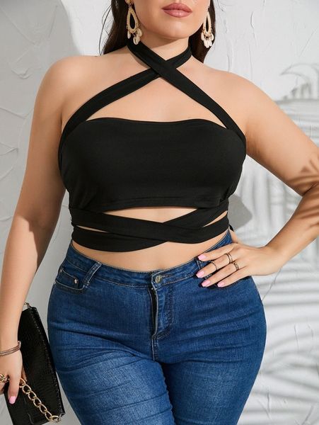 

plus crisscross tie backless halter f1i9#, Black