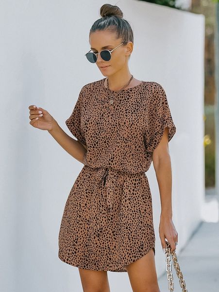 

random dalmatian print batwing sleeve belted dress 09fq#, Black;gray