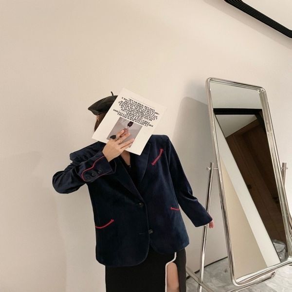 

women's suits blazers pushbutton early spring velvet high sense coat wind navy blue loose top, White;black