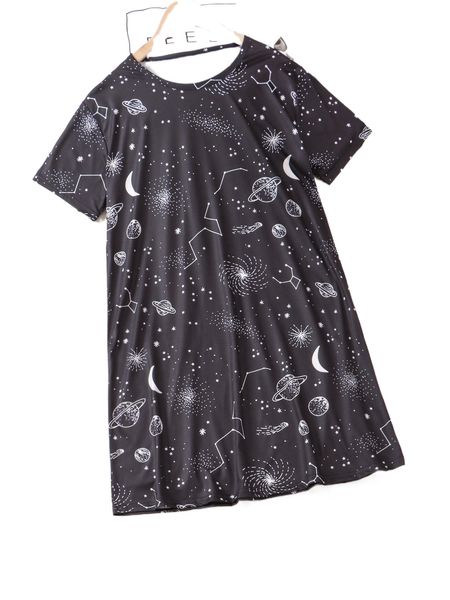 

galaxy print round neck nightdress s7in#, Black;red