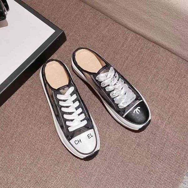 

dress shoes high version c family small fragrance half trailer casual muffin thick bottom embroidery bandage mesh baotou fashion women', Black