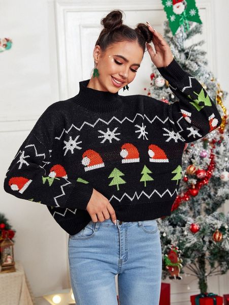 

christmas pattern high neck sweater f8xl#, White;black
