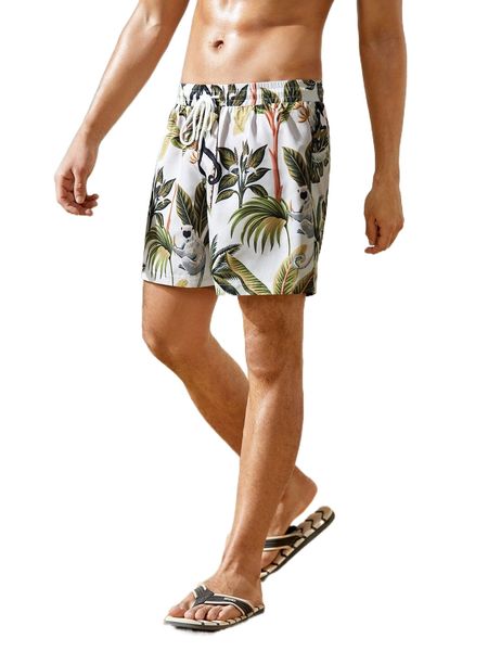 

men tropical & animal print drawstring waist shorts o7gn#, White;black