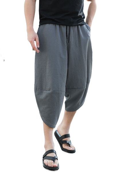 

men vertical striped tulip hem drawstring waist pants b2ll#, Black