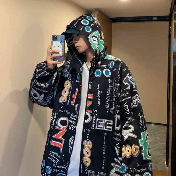 

letter print hip hop jackets for teenage korean fashion trends clothing male oversized streetwear mens hooded windbreaker coats t220816, Black;brown