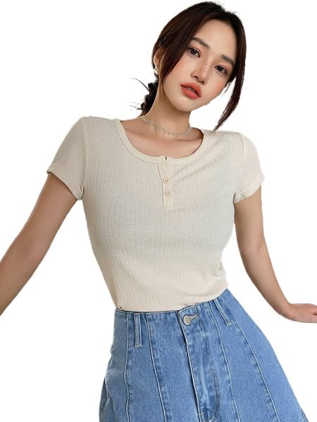 

dazy button front round neck tee e98s#, White