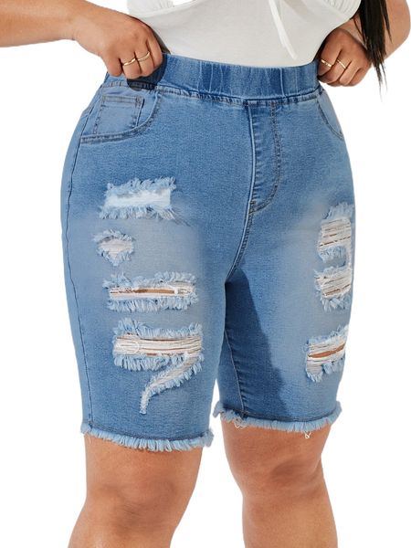 

plus elastic waist ripped raw hem denim shorts w64s#, White;black