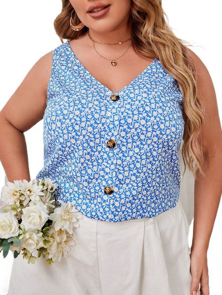 

plus ditsy floral print button front tank x7o2#, Black