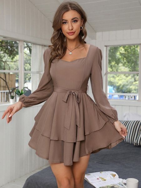 

solid belted layered hem dress a5sf#, Black;gray