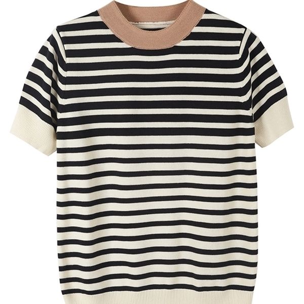 

spring summer brand quality breathable knit t shirt 100% cotton clothes striped patchwork c003 220615, White