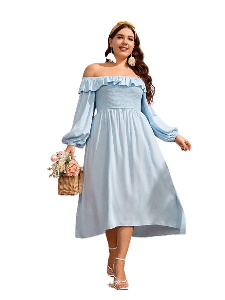 

plus off shoulder ruffle trim shirred lantern sleeve dress p0m0#, Black