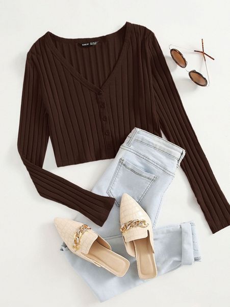 

v neck button front ribbed b7s8#, White