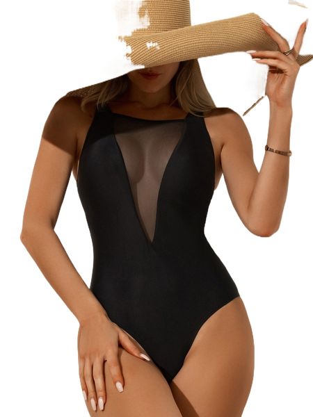 

contrast mesh one piece swimsuit l5hv#, White;black