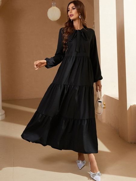 

tie neck lantern sleeve ruffle hem dress f4q4#, Black;gray
