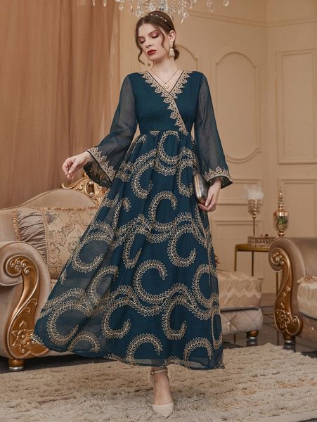 

plant print overlap collar trumpet sleeve dress h54i#, Black;gray
