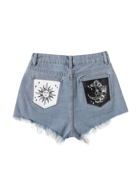 

sun & moon print denim shorts n2ps#, White;black