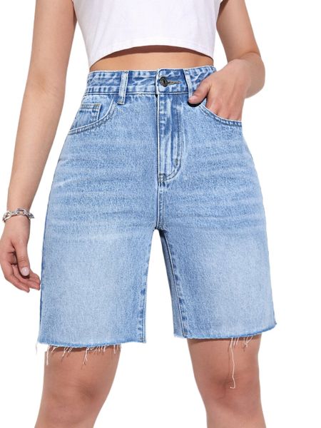 

high waist frayed hem denim shorts h5x6#, White;black