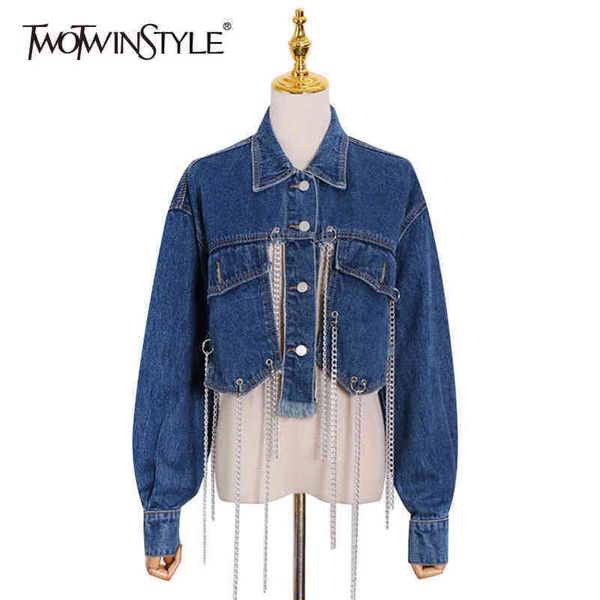 

casual patchwork chain tassel jacket for women lapel long sleeve streetwear short denim jackets female fashion 210423, Black;brown