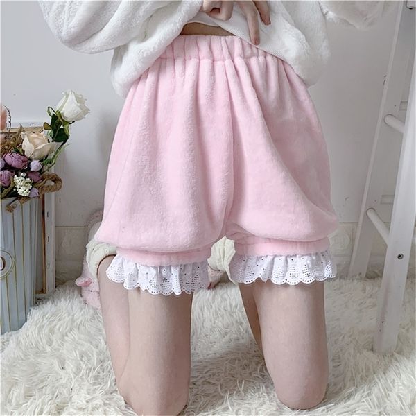 Inverno Carino Lolita Ragazze Caldi Pantaloncini di Velluto Dolce Vita Alta Pizzo Pantaloncini di Peluche da Donna Estate Kawaii Bloomers Pantaloncini Rosa Bianco 220419