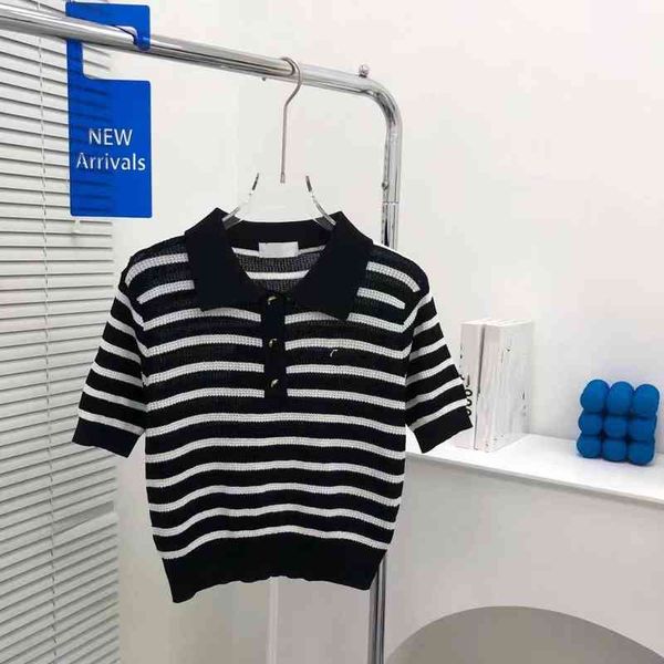 

women's t-shirt 2022 summer new style small label stripe lapel knitted polo shirt short sleeve women, White
