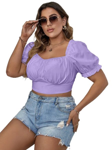 

plus sweetheart neck puff sleeve ruched crop blouse i6lg#, Black