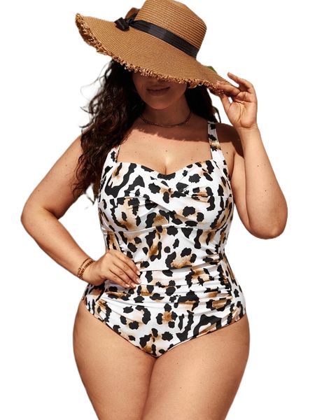 

plus leopard print wrap cross lace-up back one piece swimsuit u4zb#, White;black