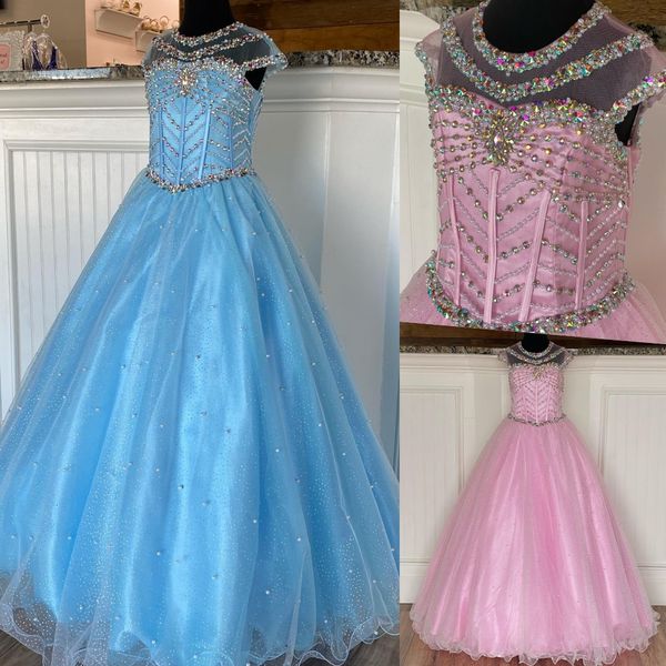 Abito da spettacolo per ragazze rosa 2022 Maniche ad aletta BlingBling Perline Cristalli AB Pietre Perle Tulle Gioiello Abito da festa formale per compleanno di bambini piccoli Adolescenti Preadolescenti Blu ghiaccio