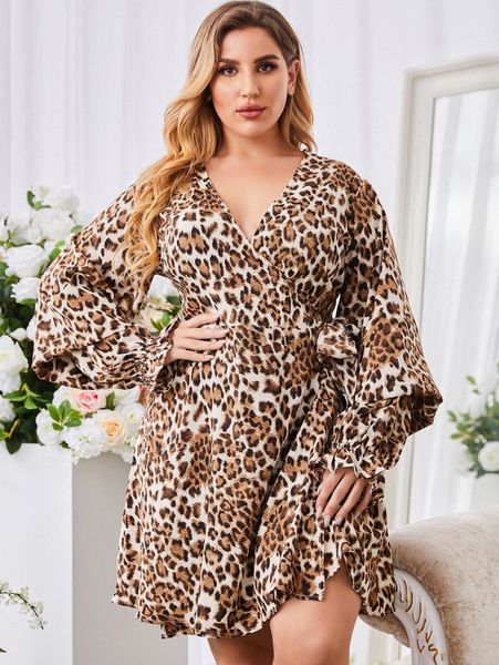 

sbetro plus leopard flounce sleeve wrap knot side dress 00qg#, Black