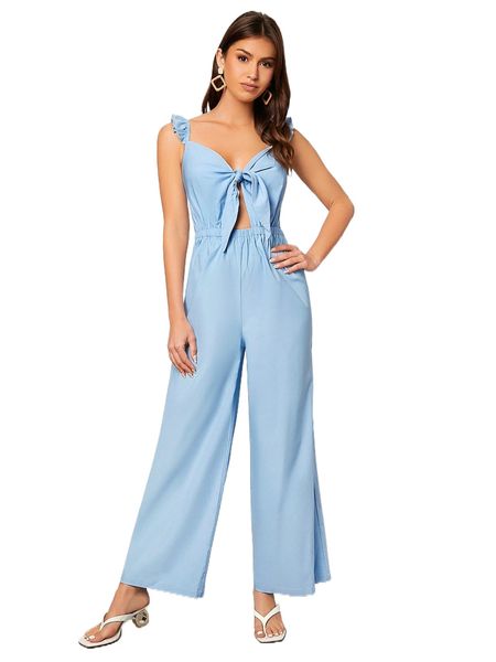 

c.ut o.ut k.not front r.uffle s.leeve j.umpsuit m77n#, Black;white