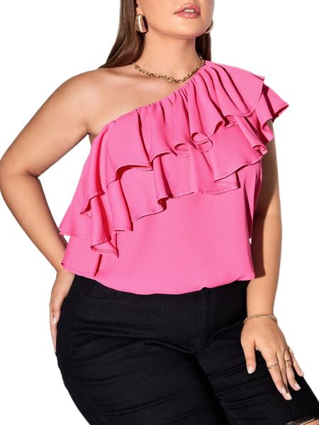

plus one shoulder layered ruffle trim blouse e90f#, Black