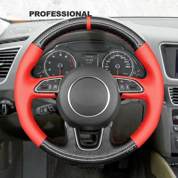 

durable carbon fiber red pu leather car steering wheel cover for audi q3 q5 q7