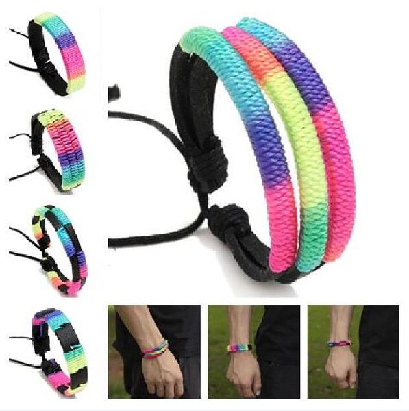 

5 style selection hand weaving rainbow leather bracelet colorful pu fashion couple hand rope, Golden;silver