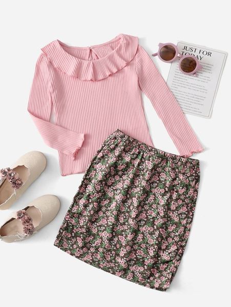 

toddler girls ruffle rib-knit tee & allover floral print skirt set she, White