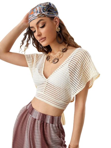 

v neck tie back sheer without bikini x1zx#, White