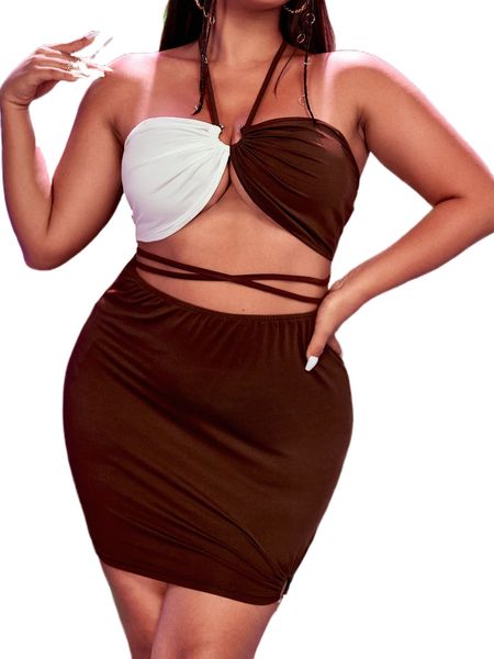 

plus two tone tie backless halter & bodycon skirt e8rb#, Black
