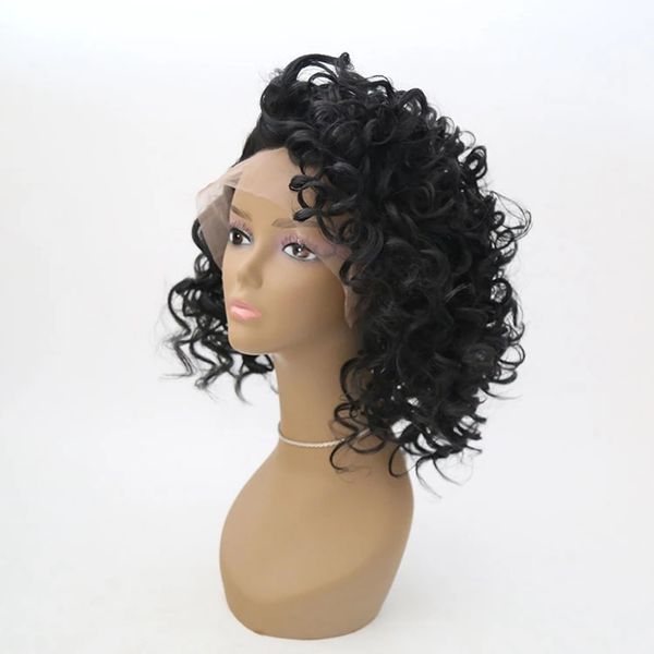 

natural curly short synthetic hair lace front wig black fiber hairs curly summer style wigs