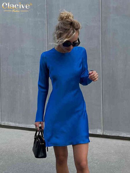 

clacive autumn blue satin mini dress ladies fashion o-neck long sleeve bodycon dress elegant slim classic dresses for women 2022 t220804, Black;gray