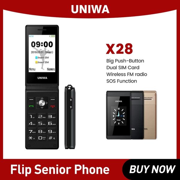 Orijinal uniwa x28 yaşlı adam flip cep telefonu gsm kıdemli lüks katlanmış yaşlı büyük itme düğmesi çift sim kartlar fm radyo erkek cep telefonu