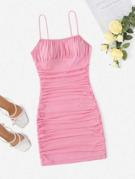 

solid ruched mesh bodycon dress r2zn#, Black;gray