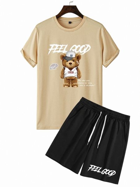 

men cartoon & slogan graphic tee & drawstring shorts o3hn#, Gray