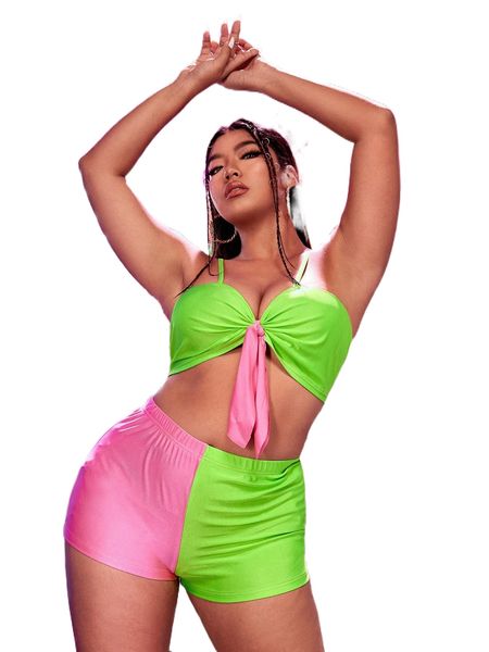 

plus two tone knot front cami & shorts x7vg#, Black