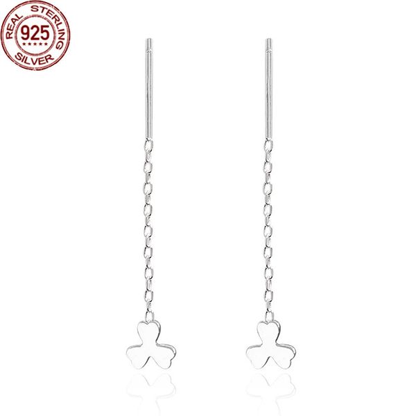 

s925 silver japanese korean long small fresh clover lucky ear line student sweet little flower eardrop female wedding jewelry accessories, Golden
