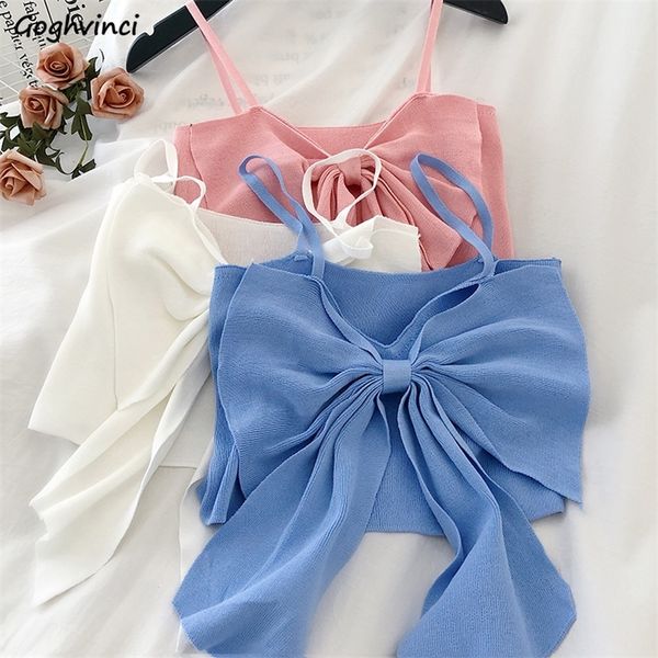 

camis women solid bow irreguarl crop sleeveless tees knitted slim females sweet chic slim basic kawaii tanks streetwear 220607, White