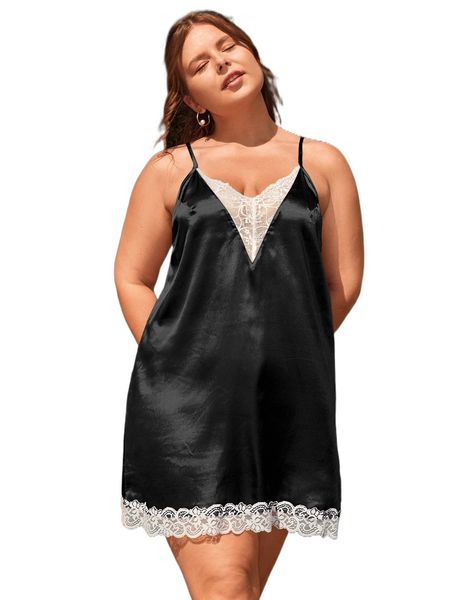 

plus contrast lace trim satin cami nightdress 84ng#, Black;white