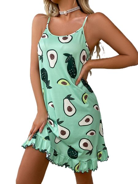 

fruit print lettuce trim nightdress i15t#, Black;red