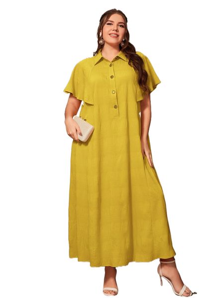 

plus flutter sleeve button front shirt dress 27ga#, Black