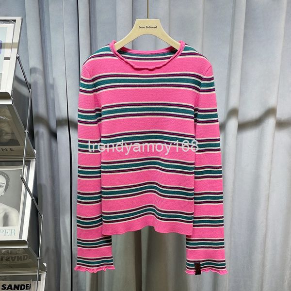 

women's knits & tees early spring sweet temperament color stripe sweater slim round neck pullover wool trumpet sleeve, White