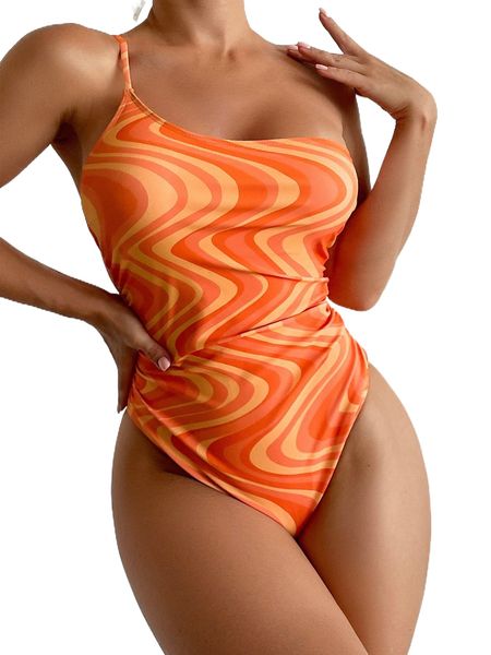 

wave striped p.rint o.ne s.houlder o.ne p.iece swimsuit q6kp#, White;black